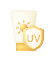 3D Sunscreen cream tube icon. Sun protection concept. Protect from uv radiation and SPF 50.