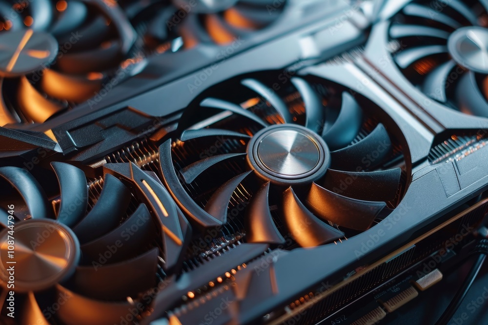 Poster a close-up view of a graphics card ,computer graphics card on color background.