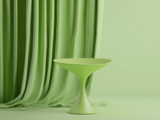 Mockup Modern Visual Advertising Concept, Stylish green table with flowing fabric backdrop