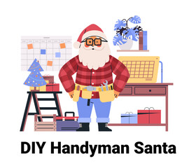 DIY Handyman Santa workshop tools gifts festive scene calendar desk ladder plant