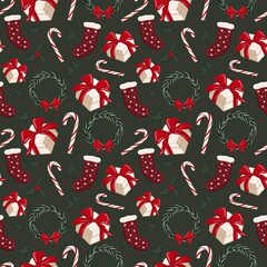 Fototapeta premium Merry Christmas seamless pattern with candy, socks, gifts and Christmas wreath. Wrapping, background, textile, packing, wallpaper 
