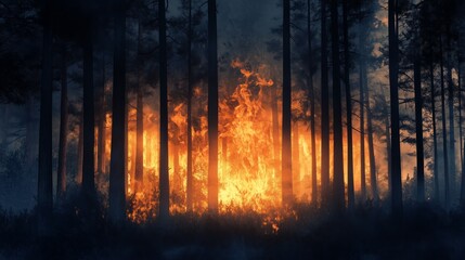 Forest engulfed in flames during a wildfire at night with smoke and darkness surrounding the trees