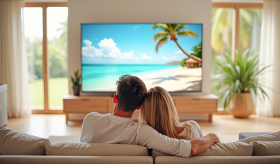 Obraz premium a young couple hugging on the couch watching TV with a picture of a beach landscape