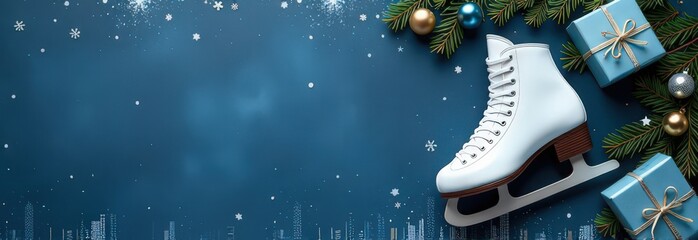 White ice skates surrounded by Christmas decorations on a dark blue background with copy space. Winter holiday and festive season concept. Design for greeting card, banner, invitation, or poster