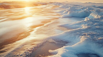 Naklejka premium Beautiful sunset over icy surface with golden reflections at the edge of a frozen lake during winter in a serene landscape