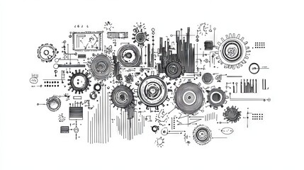 Obraz premium Abstract Mechanical Sketch with Gears and Lines