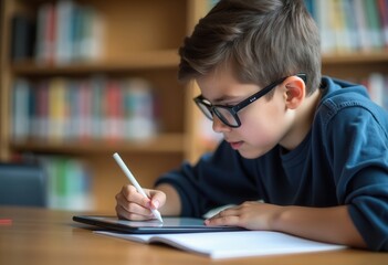 A young boy wearing glasses focuses intently on a tablet while taking notes on a notepad in a quiet study area filled with books. His concentration reflects a commitment to digital learning and creati