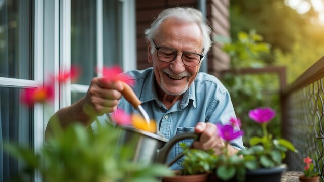 An older gentleman enjoys watering colorful flowers on his balcony during a sunny spring afternoon. His joyful smile reflects his love for gardening and connection to nature, surrounded by blooming pl