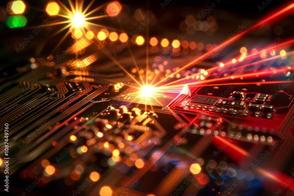 Poster a glowing computer chip illuminates its surroundings, emphasizing its sophisticated structure and te