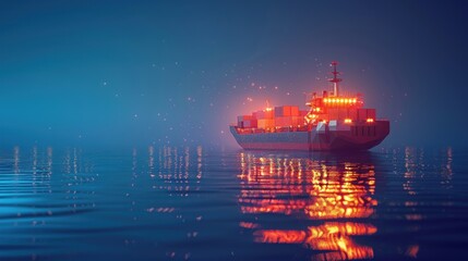 Obraz premium Low-poly cargo ship sailing at night, reflecting in calm water.