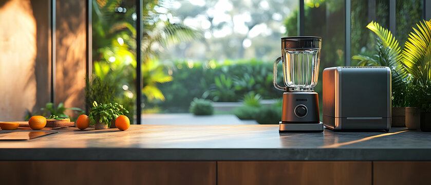 A modern kitchen workspace featuring a blender and toaster with natural light illuminating fresh ingredients.