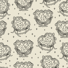 Vintage seamless pattern with outline heart shaped cakes with red ribbons. Vector background in retro coquette aesthetic