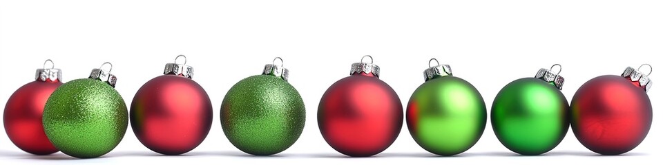 Row of red and green Christmas baubles in a banner format
