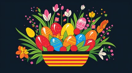 Happy Easter! A vibrant illustration of colorful Easter eggs nestled in a striped bowl, surrounded by spring flowers and greenery. Perfect for festive greetings!