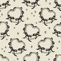 Vintage seamless pattern with outline heart shaped cakes with black bows. Vector background in retro coquette aesthetic