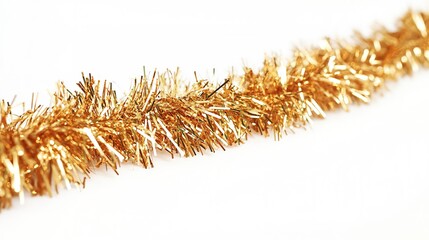 Gold tinsel on white background with space for text