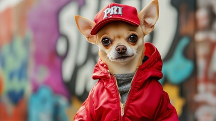 Cute Chihuahua Wearing Red Jacket and Cap
