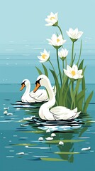 Obraz premium Two graceful white swans glide peacefully on a serene lake, surrounded by vibrant white water lilies. A tranquil scene of nature's beauty.