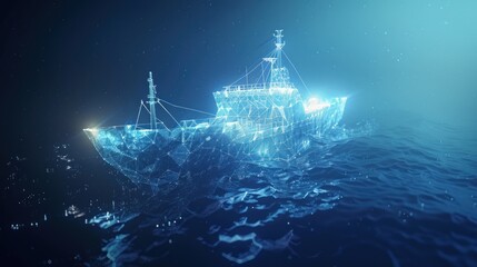 Obraz premium A digital rendering of a ship made up of a mesh of glowing blue lines, sailing on a dark blue ocean.