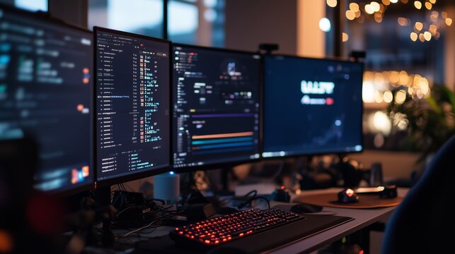 Three monitors display code in a dimly lit office setting