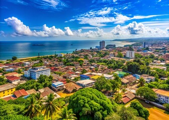 Stunning Panoramic View of Monrovia, the Capital City of Liberia, Showcasing Vibrant Culture, Historic Landmarks, and Lush Coastal Scenery Under a Clear Blue Sky