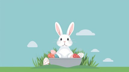Fototapeta premium Adorable white bunny nestled in a basket of colorful Easter eggs, surrounded by lush green grass under a serene blue sky. Happy Easter!