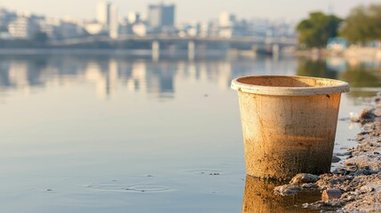 Naklejka premium environment pollution balance concept, An abandoned bucket sits near a tranquil river, reflecting a city skyline, highlighting themes of pollution and nature's beauty.