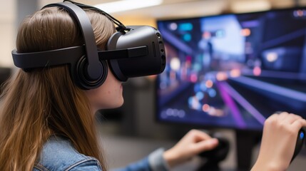 A woman with long brown hair wears a VR headset and uses hand controllers while playing a driving simulation game