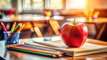 A red apple rests on a stack of books, a reminder of the knowledge and learning that awaits within the pages, while colorful pencils in a nearby holder suggest creativity and potential