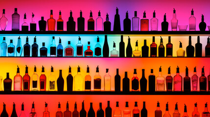 Great choice of liquor bottles on shelves in a bar, vibrant multi-colored lighting