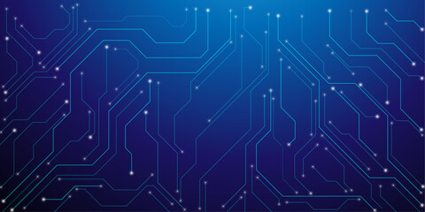 Obraz premium Technology lines circuit and dots on blue background, circuit board network connection. Technology background with a circuit board with light lines, and electronic elements.