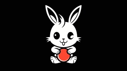 Fototapeta premium Adorable white bunny rabbit cartoon illustration against a black background, holding a red circle. Perfect for kids' designs and websites.