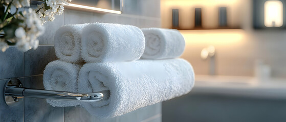A serene bathroom scene featuring neatly rolled white towels on a towel rack, enhancing a peaceful ambiance.