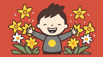 A happy boy surrounded by cheerful yellow and white flowers. Springtime joy!