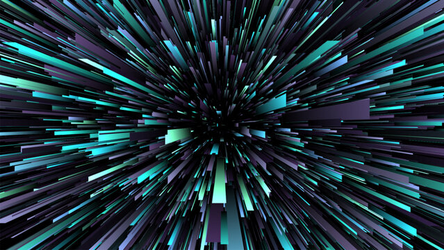 Dynamic futuristic illustration of geometric lines and rectangles converging into a vanishing point. Vibrant teal and black colors create a sense of speed, depth, and technology. Vector illustration