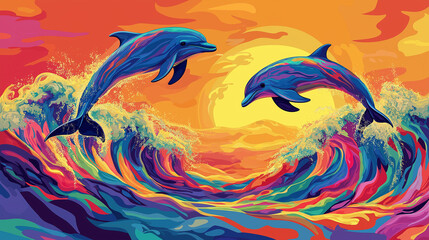 A beautiful landscape scene with colorful water waves and dolphins.