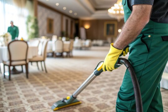 The cleaning staff operates a carpet vacuum in a spacious banquet hall, ensuring the area remains pristine. Tables are set for an event, showcasing an elegant atmosphere and attention to detail in upk