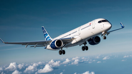 Fototapeta premium Commercial airplane soaring above fluffy white clouds skyward