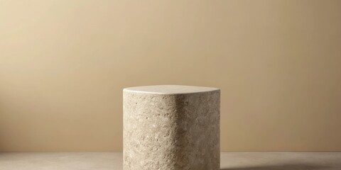 A textured cylindrical pedestal stands against a beige backdrop, offering a minimalist display platform for product photography.