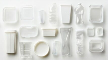 Empty plastic containers of various sizes and shapes, arranged on a white background