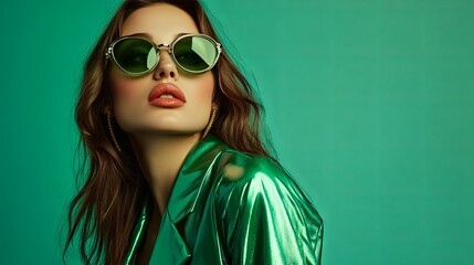 Glamour Portrait of a Woman in Green Jacket and Sunglasses