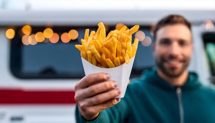 Close up of crispy french fries held by person in front of food truck