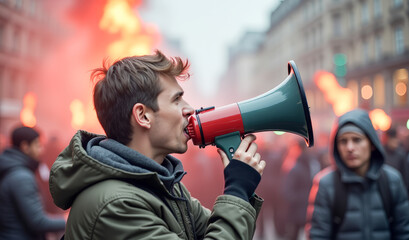 A man yells into a loudspeaker at a demonstration