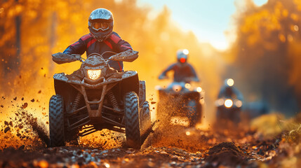 Young caucasian adults enjoying off-road atv adventure in autumn forest