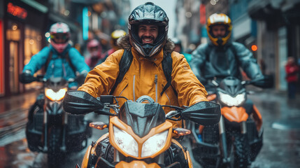 Naklejka premium Young caucasian male leading motorcycle group through rainy urban street