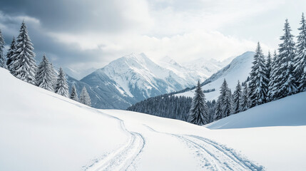 Scenic winter landscape with cross-country ski tracks in a pristine valley, snowy trees, and majestic mountain peaks under a cloudy sky