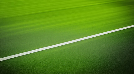Obraz premium Close-up of a vivid green sports field with a clean white line, hinting at a ready-to-go athletic field