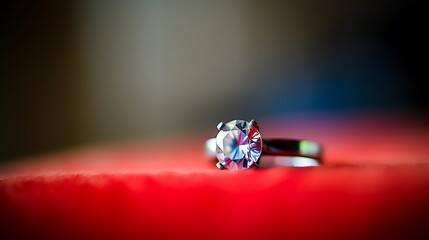 Diamond Engagement Ring Rests On Red Fabric