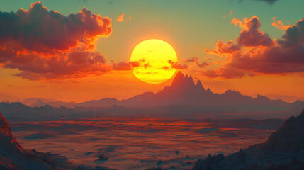 Vibrant sunset over majestic mountains and serene landscape with colorful clouds in the evening sky. Generative AI