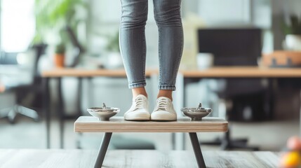 A woman's legs and white sneakers standing on a wooden stool in an office setting.